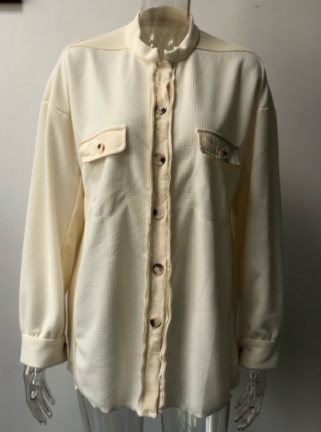 Casual Polo Collar Pocket Stitching Irregular Asymmetric Shacket in Coats & Jackets